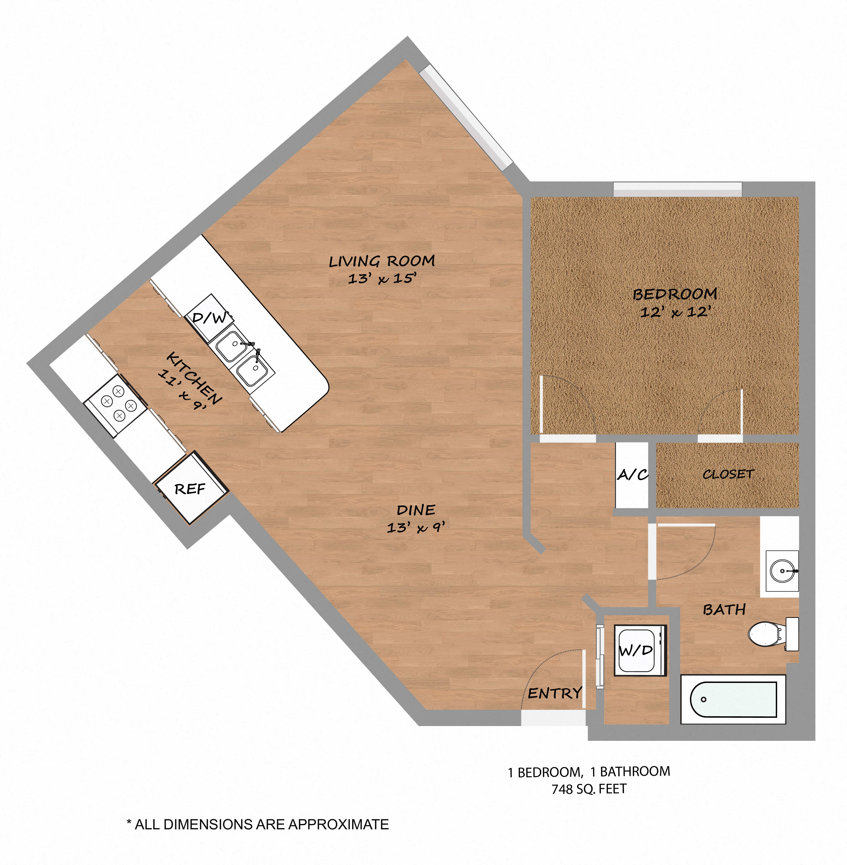 Floor plan for 1 bed, 1 bath, 748 sqft