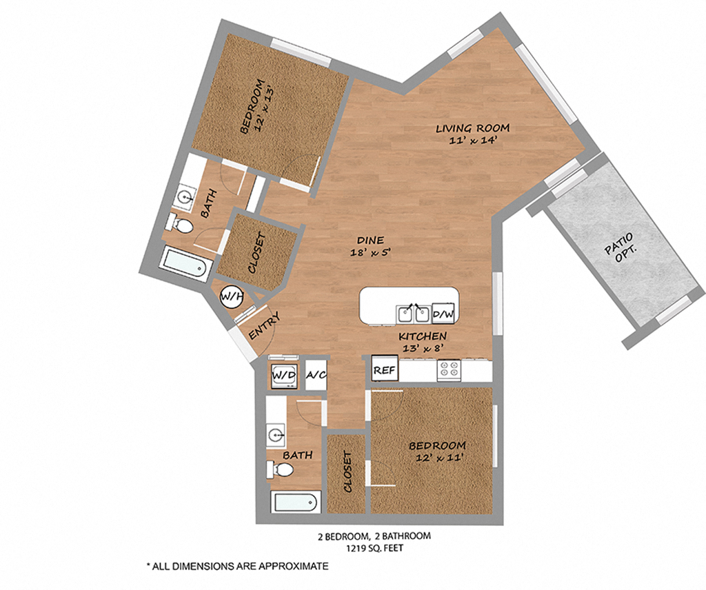 Floor plan for 2 beds, 2 baths, 1138 sqft