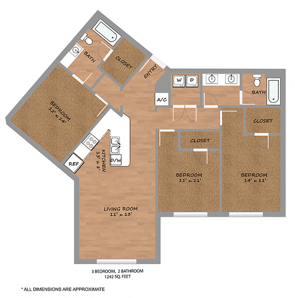 Floor plan for 3 beds, 2 baths, 1242 sqft