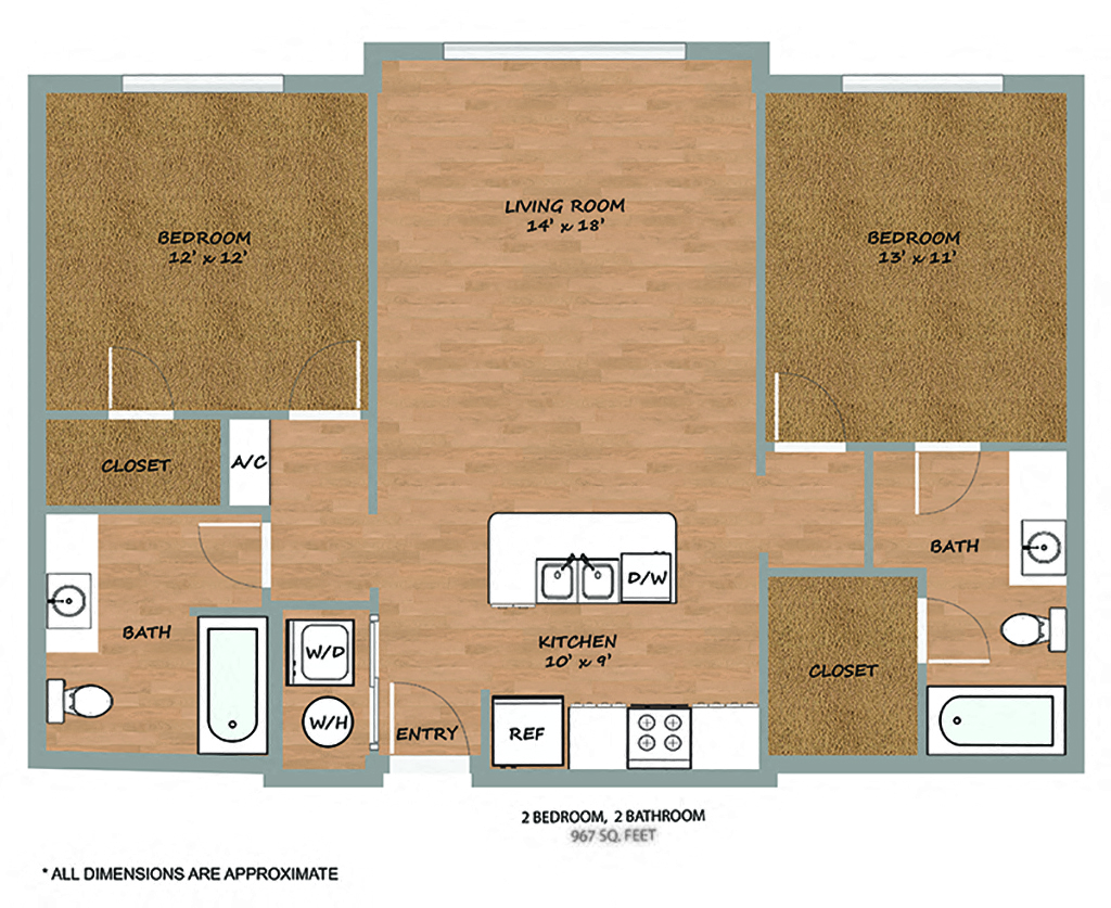 Floor plan for 2 beds, 2 baths, 967 sqft