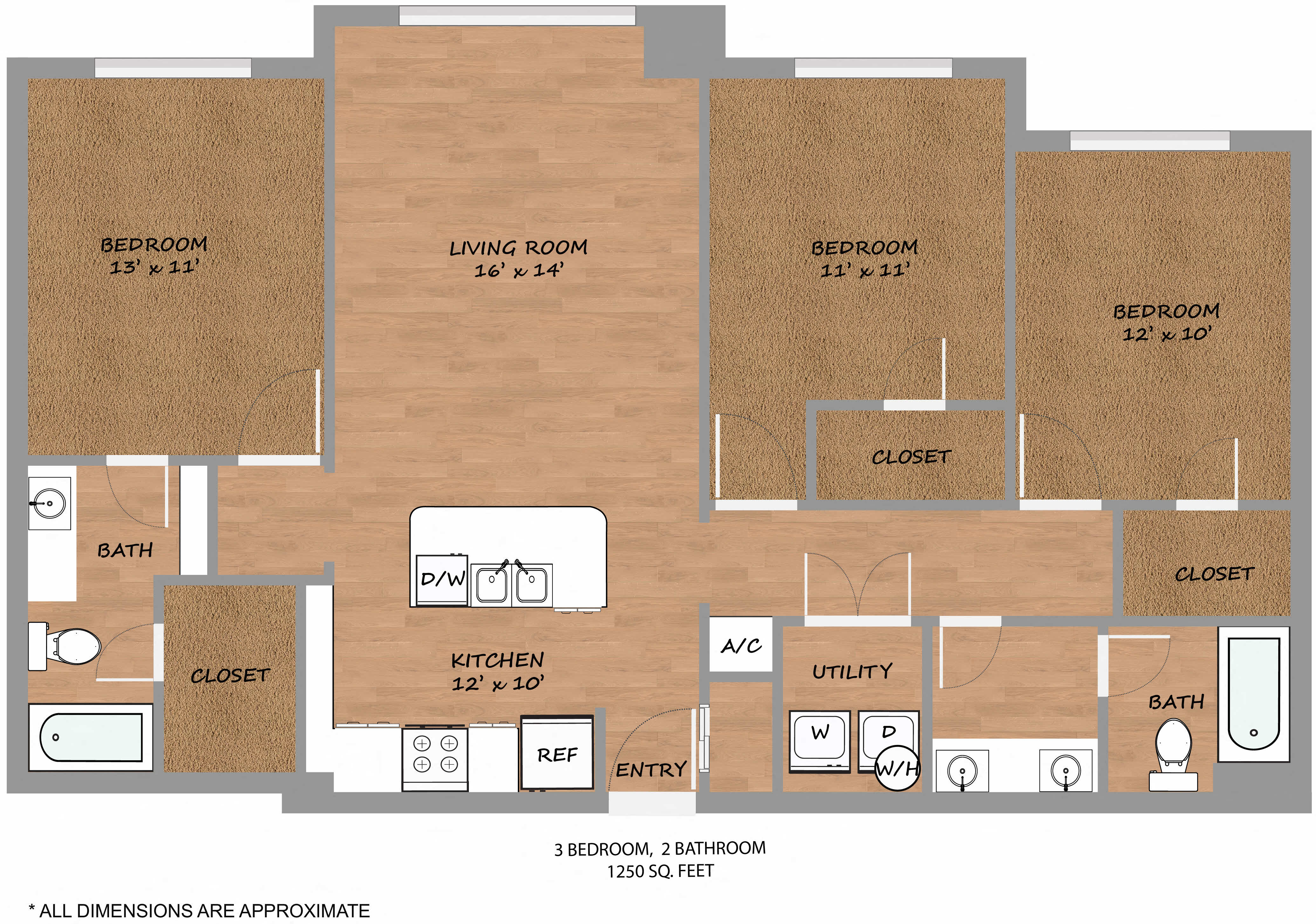 Floor plan for 3 beds, 2 baths, 1250 sqft