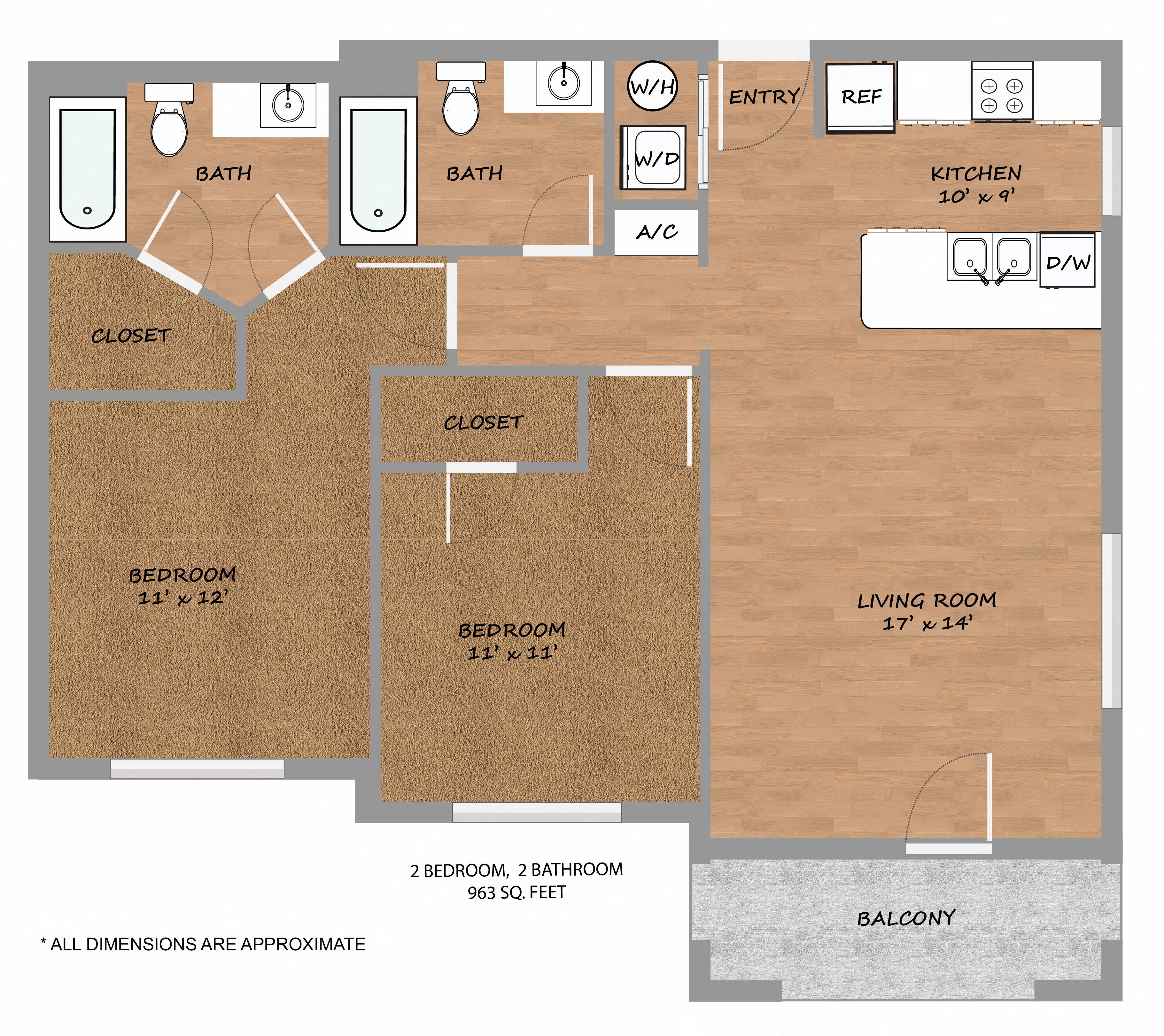Floor plan for 2 beds, 2 baths, 963 sqft