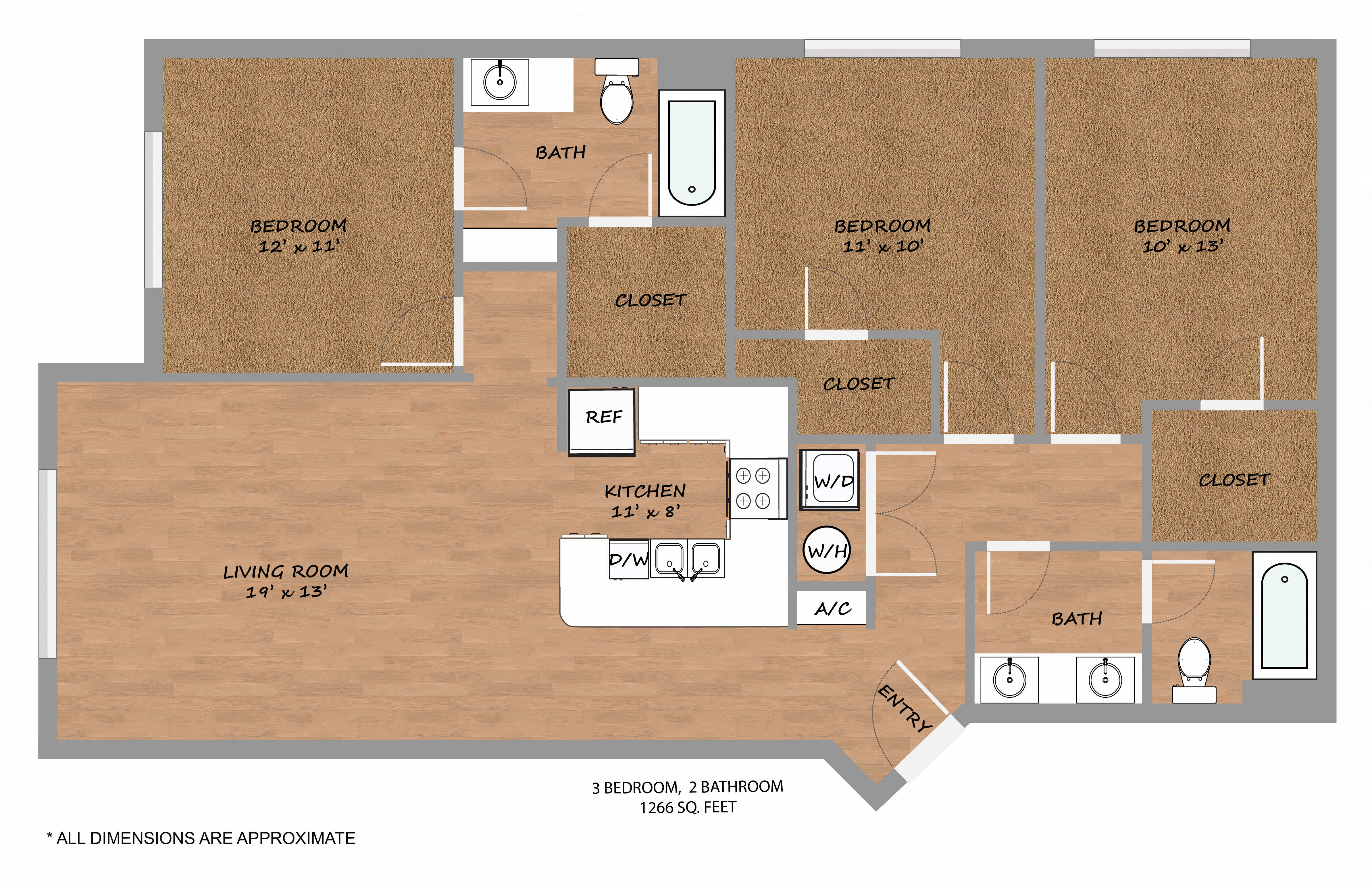 Floor plan for 3 beds, 2 baths, 1266 sqft