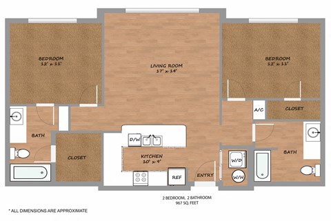 Floor plan for 2 beds, 2 baths, 967 sqft