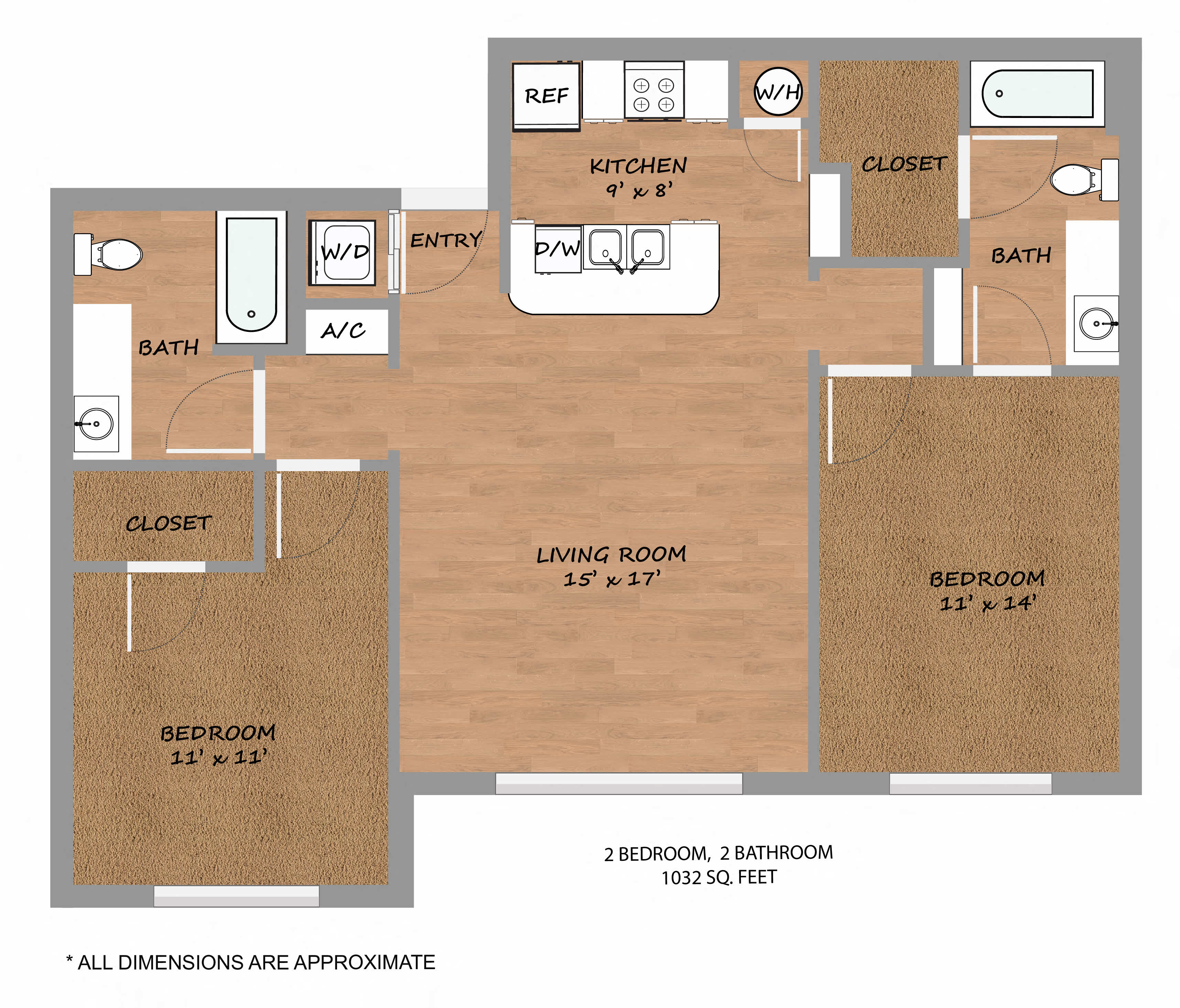 Floor plan for 2 beds, 2 baths, 1032 sqft