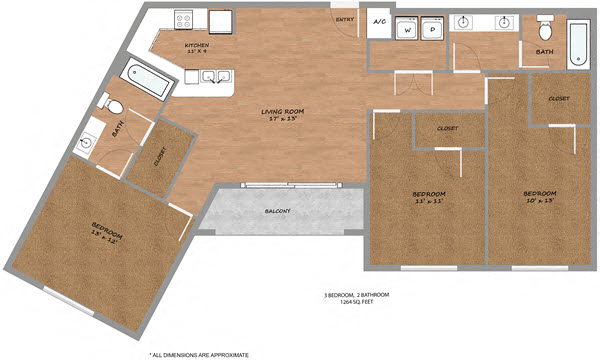 Floor plan for 3 beds, 2 baths, 1264 sqft