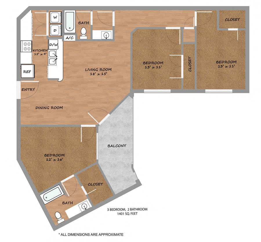 Floor plan for 3 beds, 2 baths, 1401 sqft