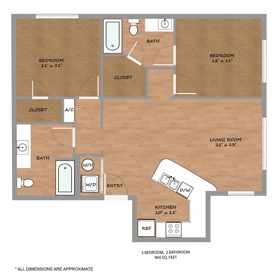 Floor plan for 2 beds, 2 baths, 969 sqft