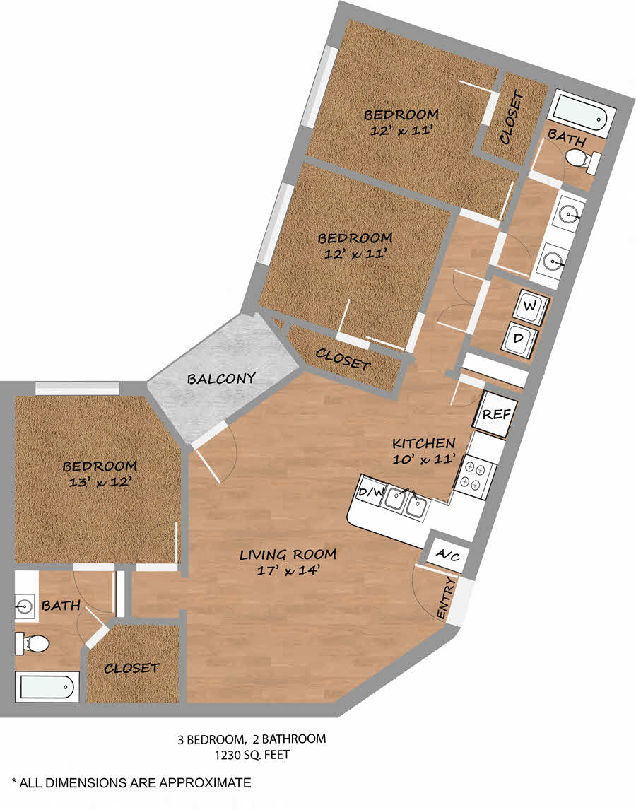 Floor plan for 3 beds, 2 baths, 1230 sqft