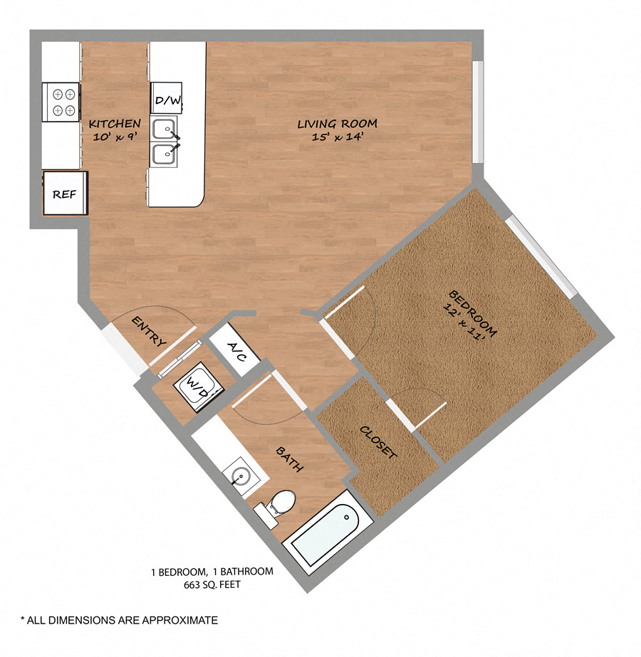 Floor plan for 1 bed, 1 bath, 663 sqft