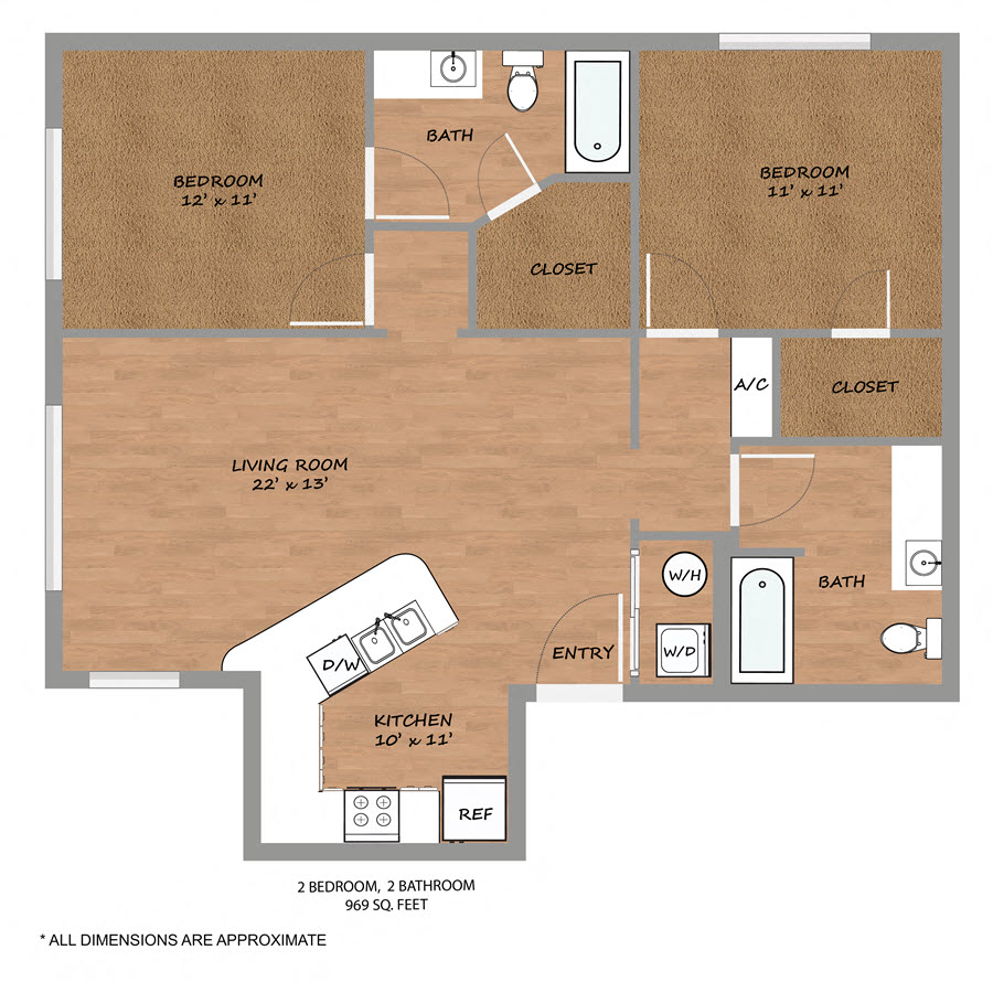 Floor plan for 2 beds, 2 baths, 969 sqft