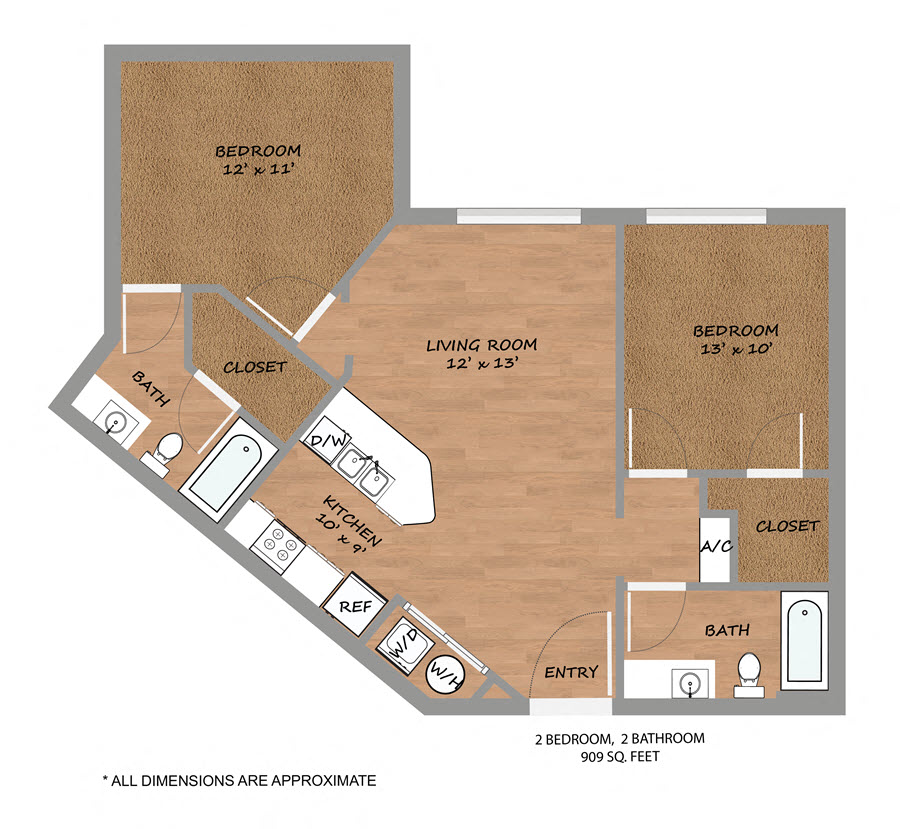 Floor plan for 2 beds, 2 baths, 909 sqft