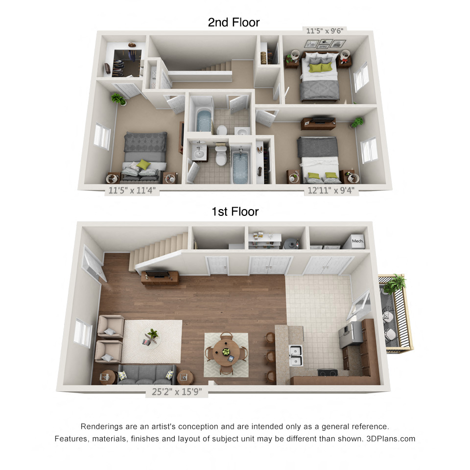 Floor plan for 3 beds, 2.5 baths, 1440 sqft