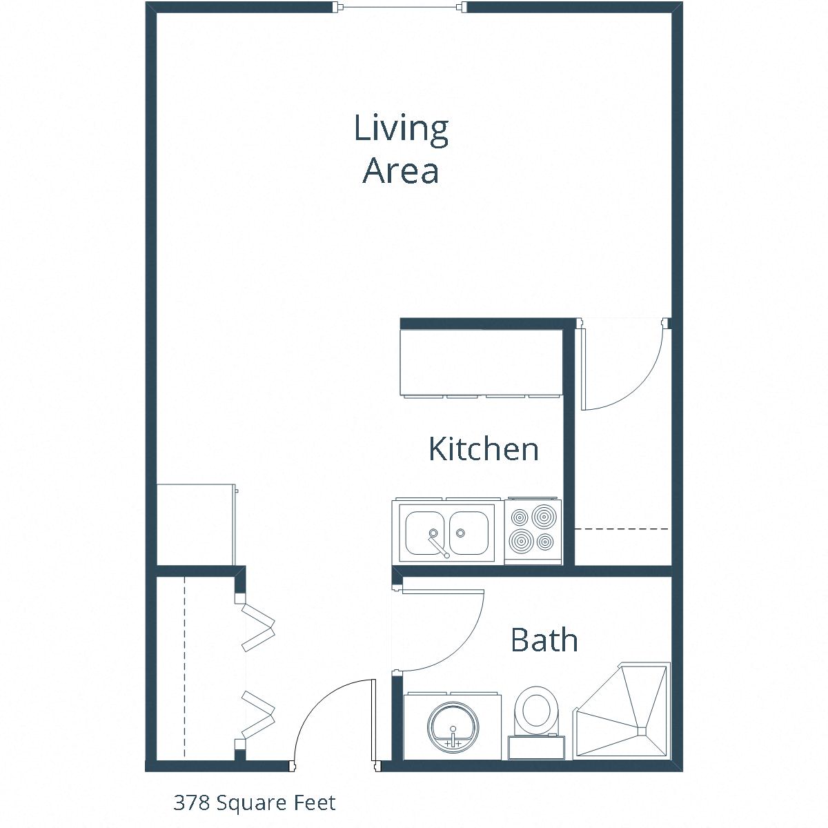 Floor plan for studio, 1 bath, 378 sqft
