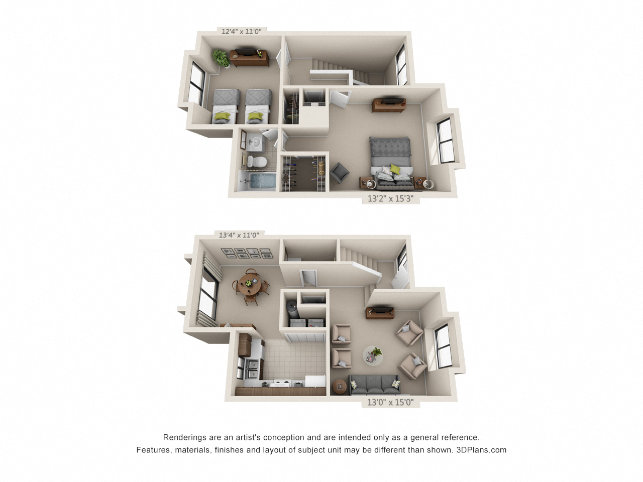 Floor plan for 2 beds, 1.5 baths, 1264 sqft