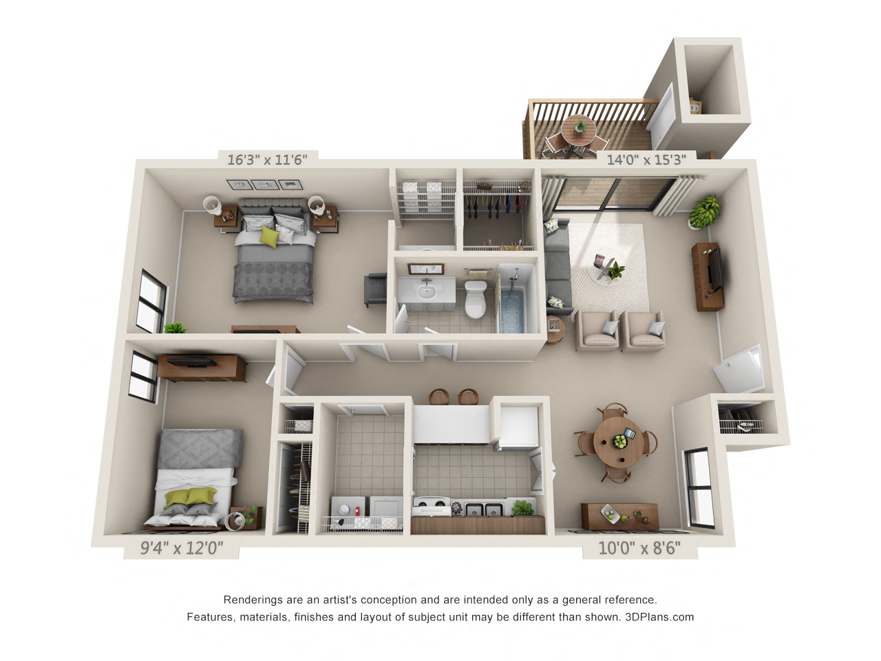Floor plan for 2 beds, 1 bath, 933 sqft