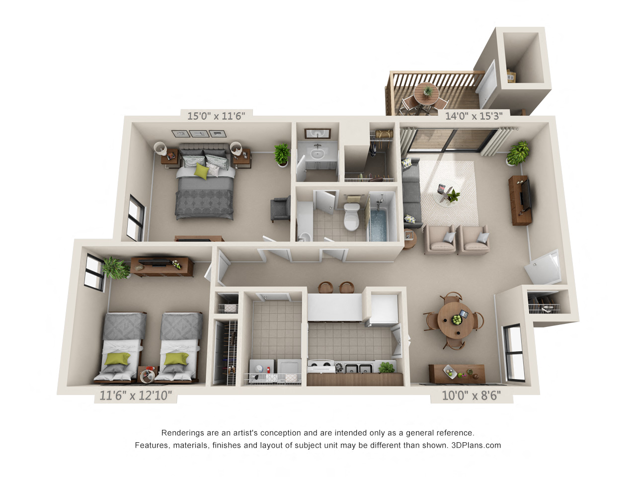 Floor plan for 2 beds, 1 bath, 1008 sqft