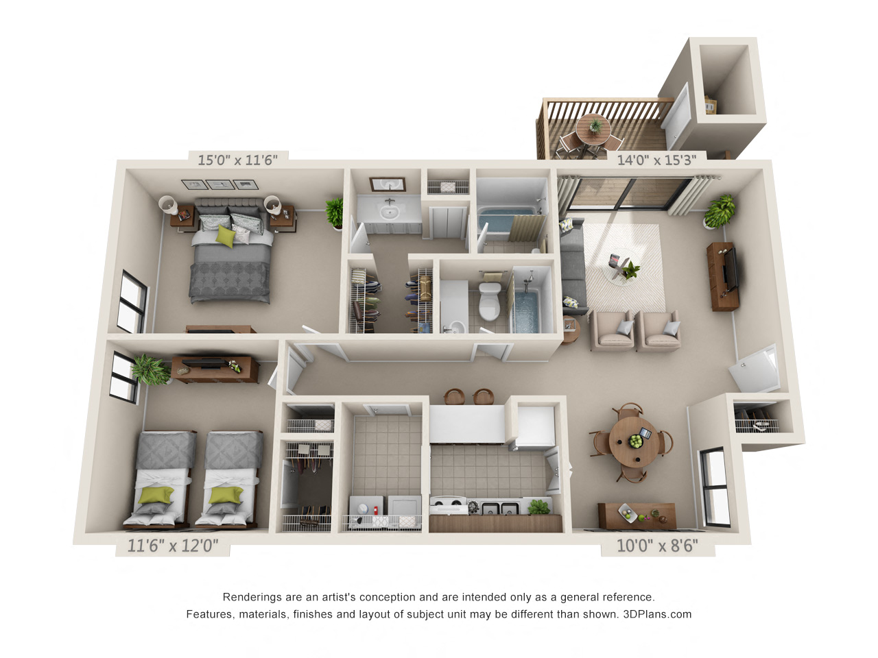 Floor plan for 2 beds, 2 baths, 1062 sqft