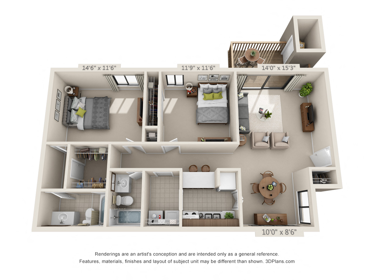 Floor plan for 2 beds, 2 baths, 1069 sqft