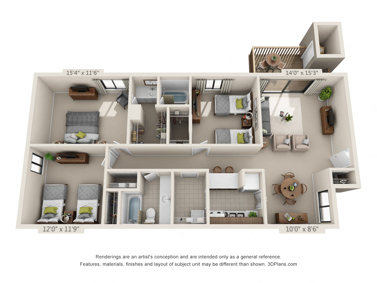 Floor plan for 3 beds, 2 baths, 1260 sqft