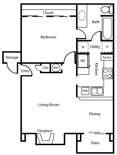 Floor plan for 1 bed, 1 bath, 605 sqft