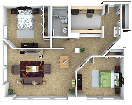 Floor plan for 2 beds, 1 bath, 1050 sqft