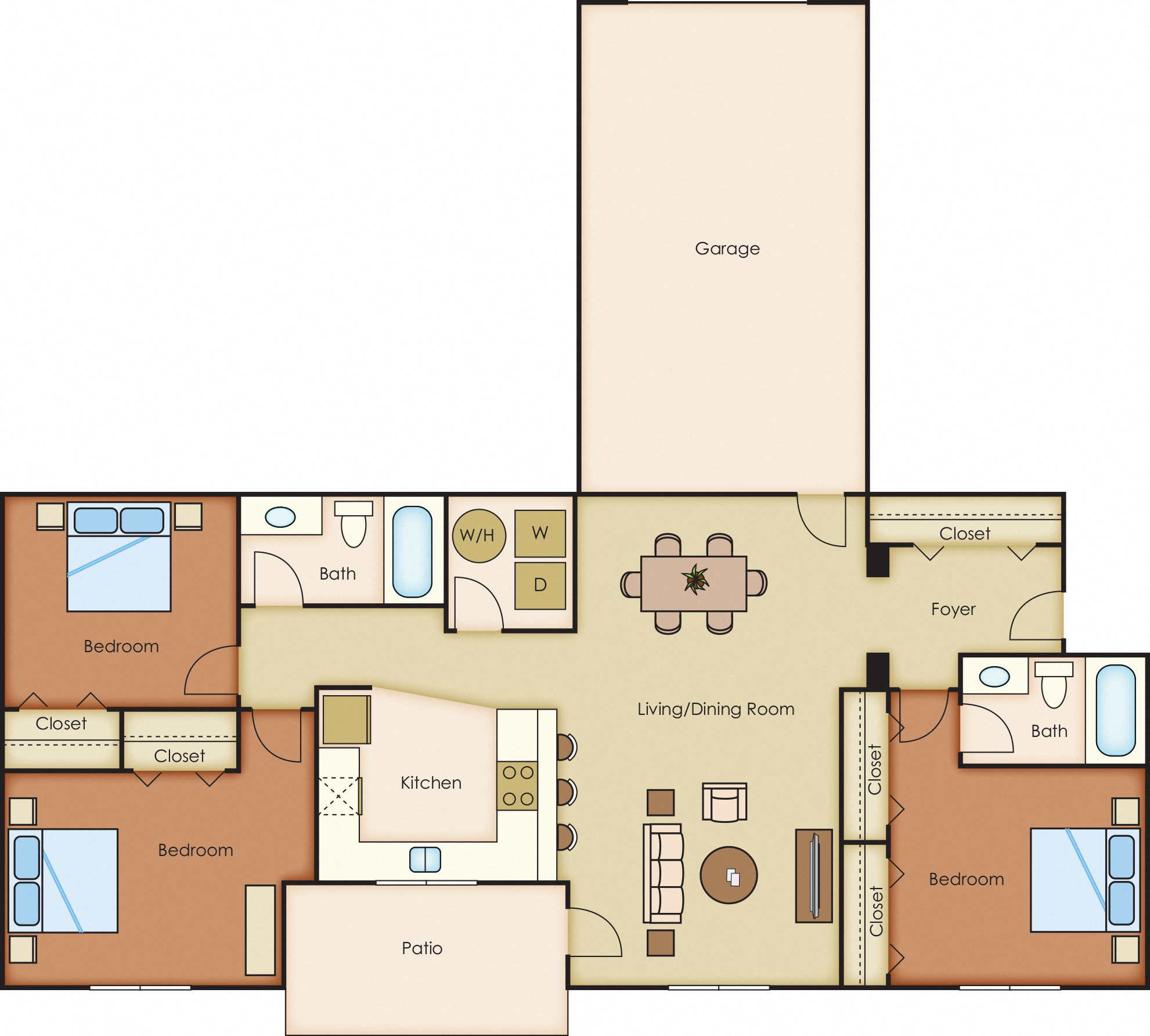 Floor plan for 3 beds, 2 baths, 1174 sqft