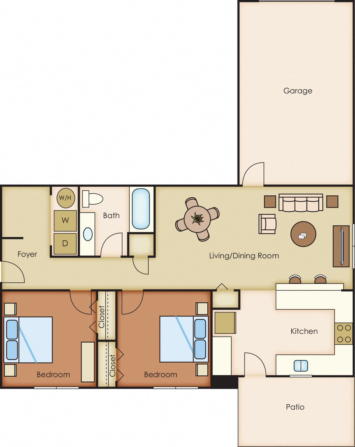 Floor plan for 2 beds, 1 bath, 933 sqft