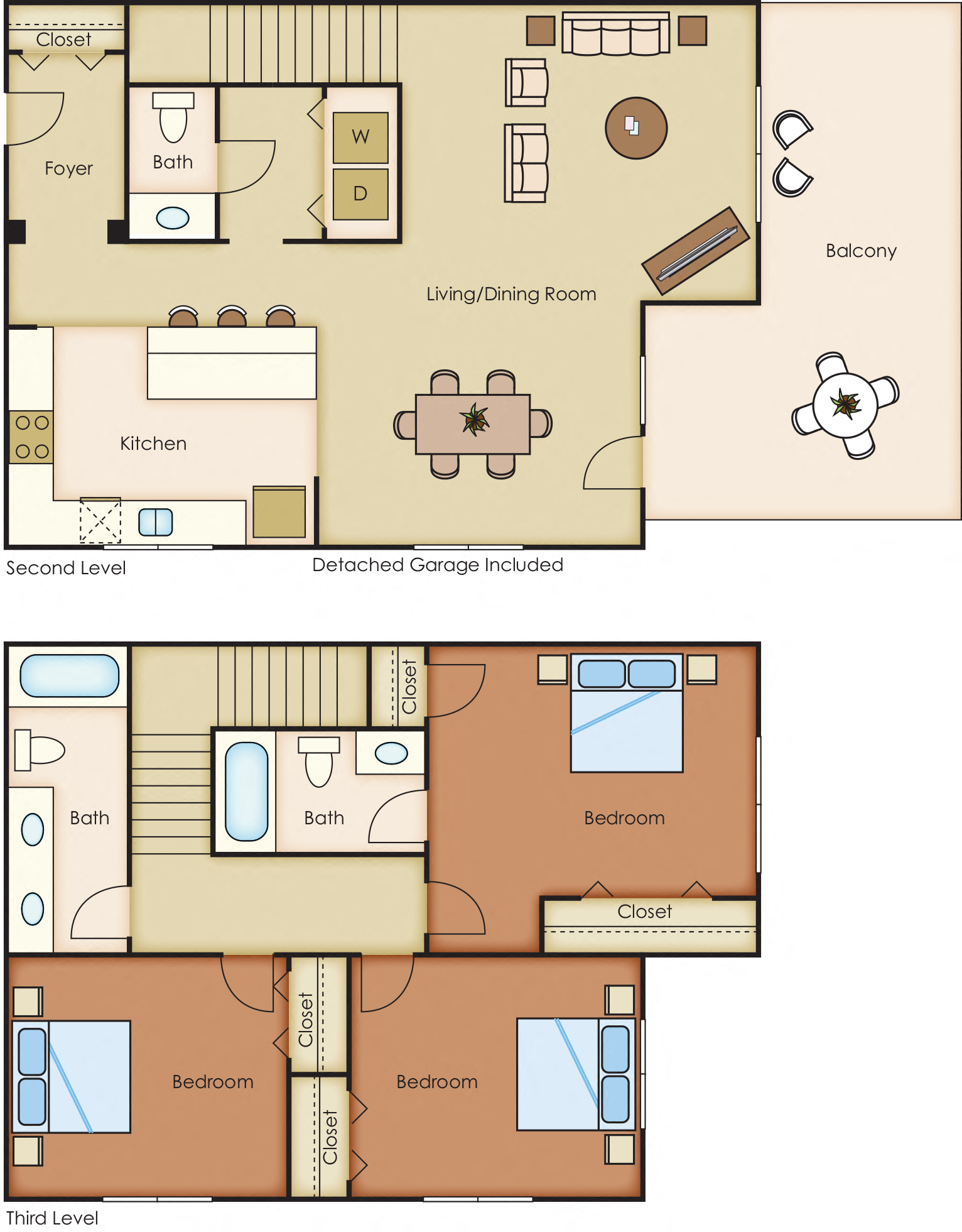 Floor plan for 3 beds, 2.5 baths, 1410 sqft
