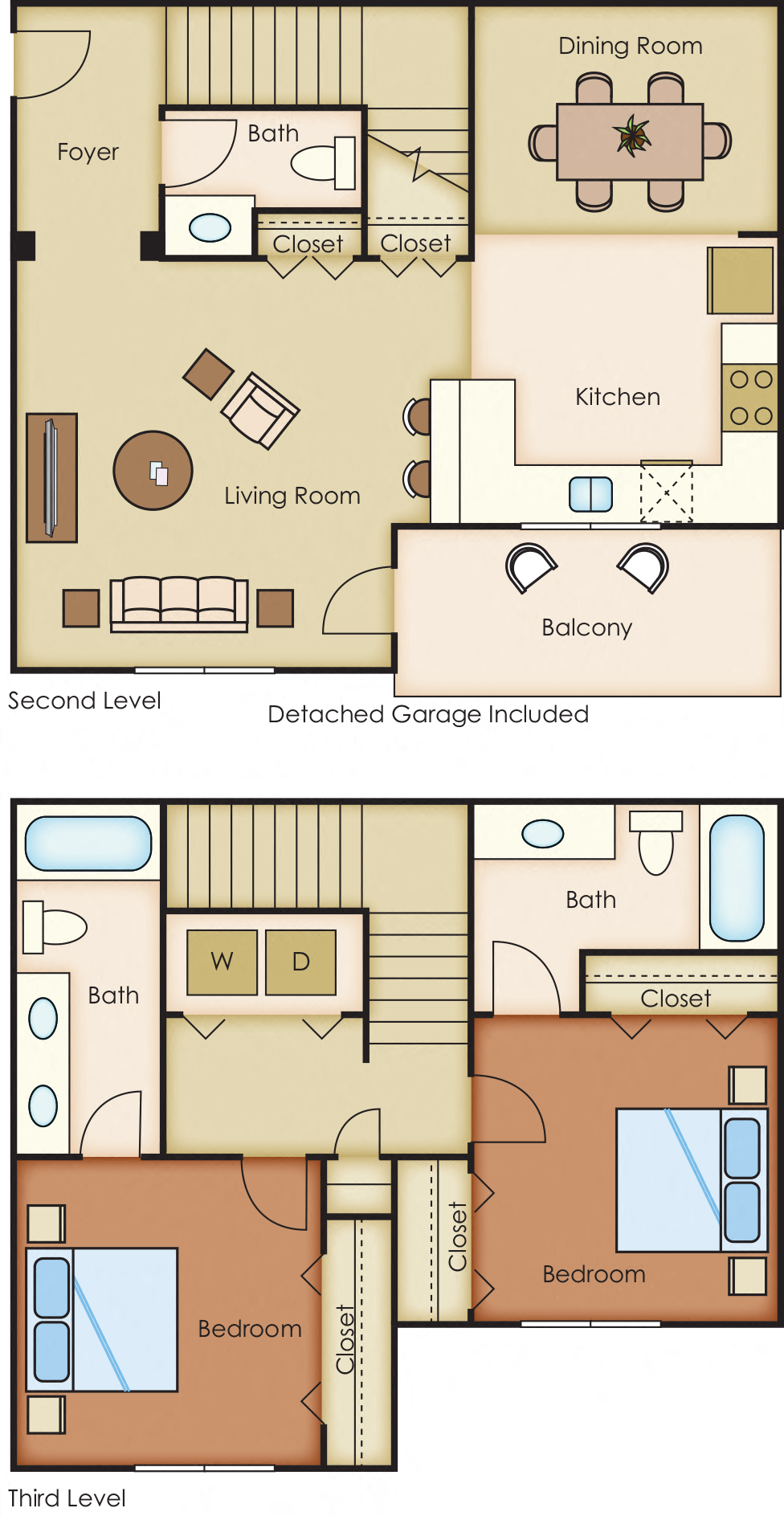 Floor plan for 2 beds, 2.5 baths, 1120 sqft