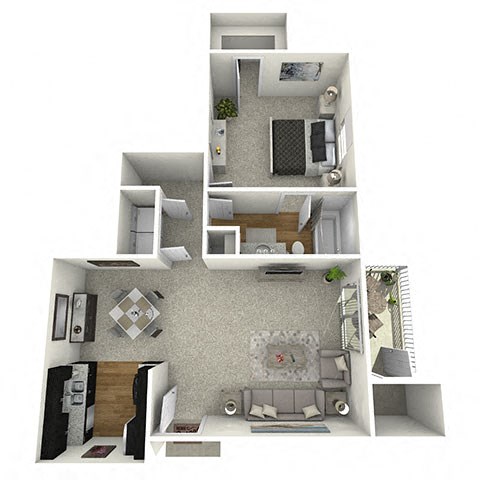 Floor plan for 1 bed, 1 bath, 744 sqft