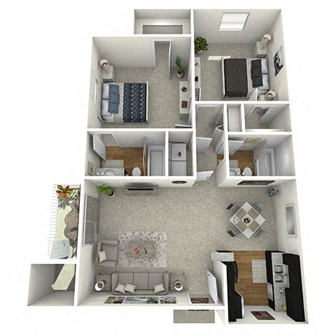 Floor plan for 2 beds, 2 baths, 883 sqft