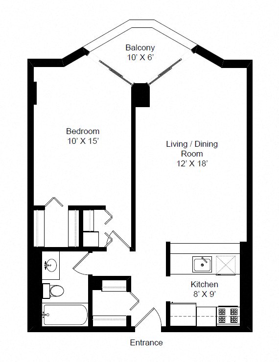 Floor plan for 1 bed, 1 bath, 661 sqft