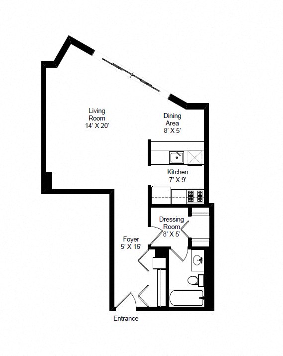 Floor plan for studio, 1 bath, 607 sqft