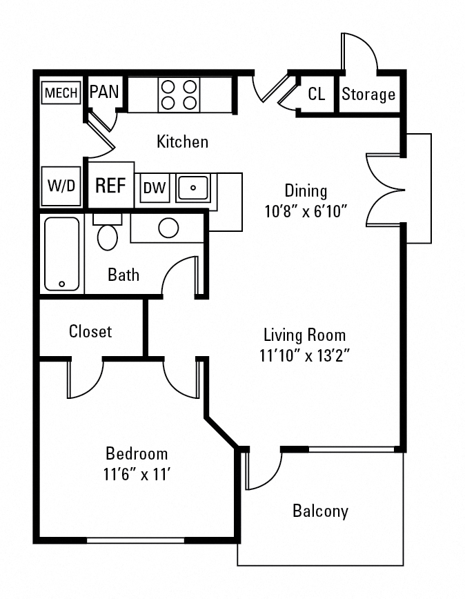 Floor plan for 1 bed, 1 bath, 609 sqft