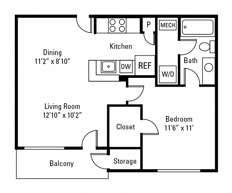 Floor plan for 1 bed, 1 bath, 629 sqft
