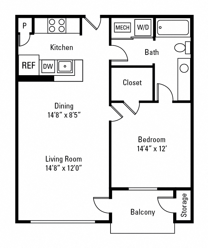 Floor plan for 1 bed, 1 bath, 679 sqft