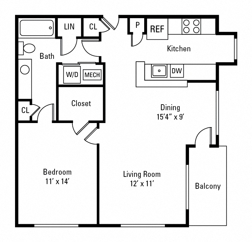 Floor plan for 1 bed, 1 bath, 785 sqft