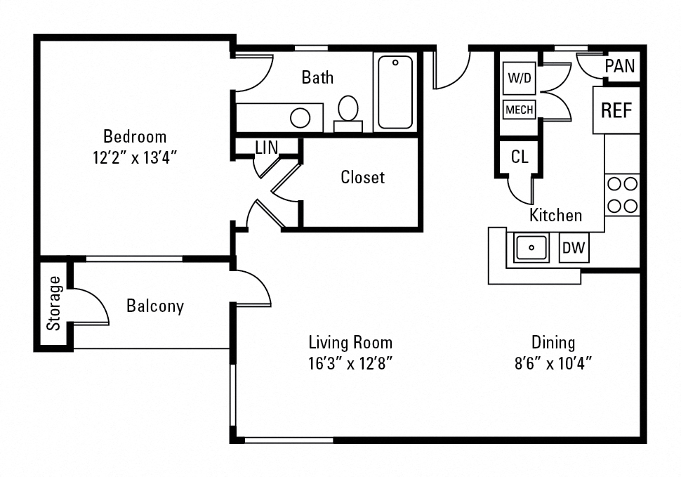 Floor plan for 1 bed, 1 bath, 817 sqft