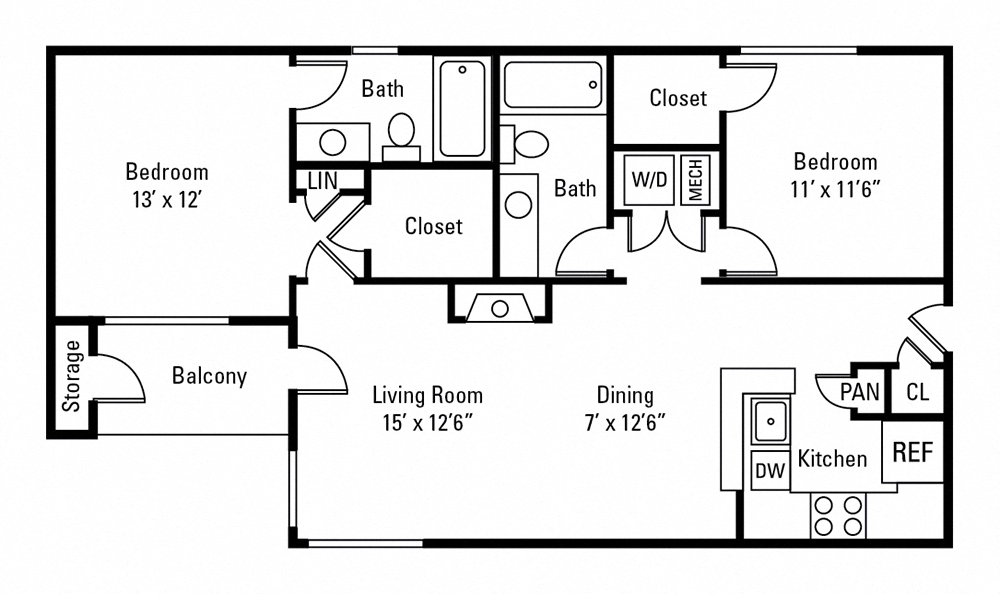 Floor plan for 2 beds, 2 baths, 1013 sqft