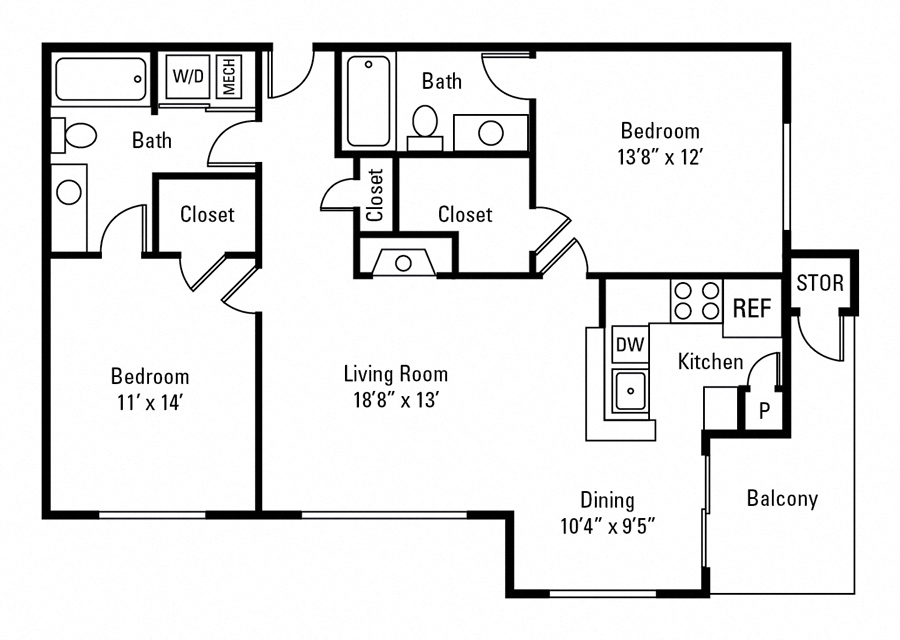 Floor plan for 2 beds, 2 baths, 1086 sqft