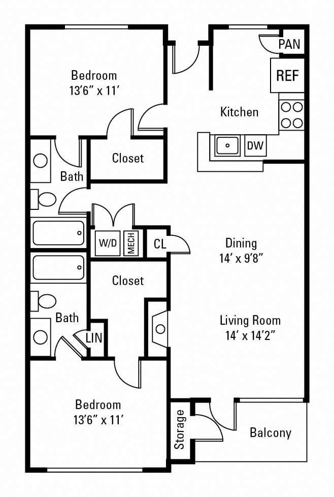 Floor plan for 2 beds, 2 baths, 1179 sqft