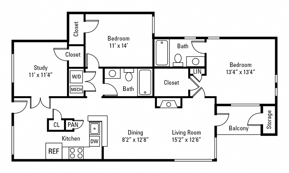 Floor plan for 2 beds, 2 baths, 1337 sqft