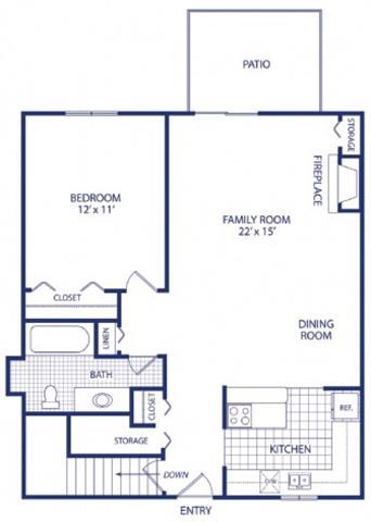Floor plan for 1 bed, 1 bath, 900 sqft