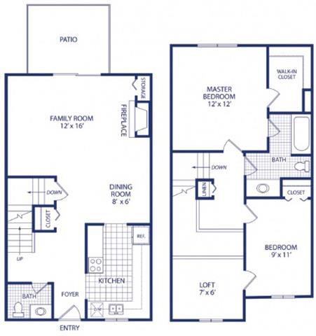 Floor plan for 2 beds, 2 baths, 1200 sqft