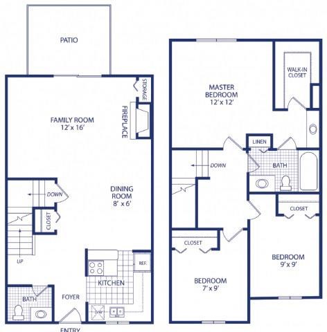 Floor plan for 3 beds, 2 baths, 1300 sqft