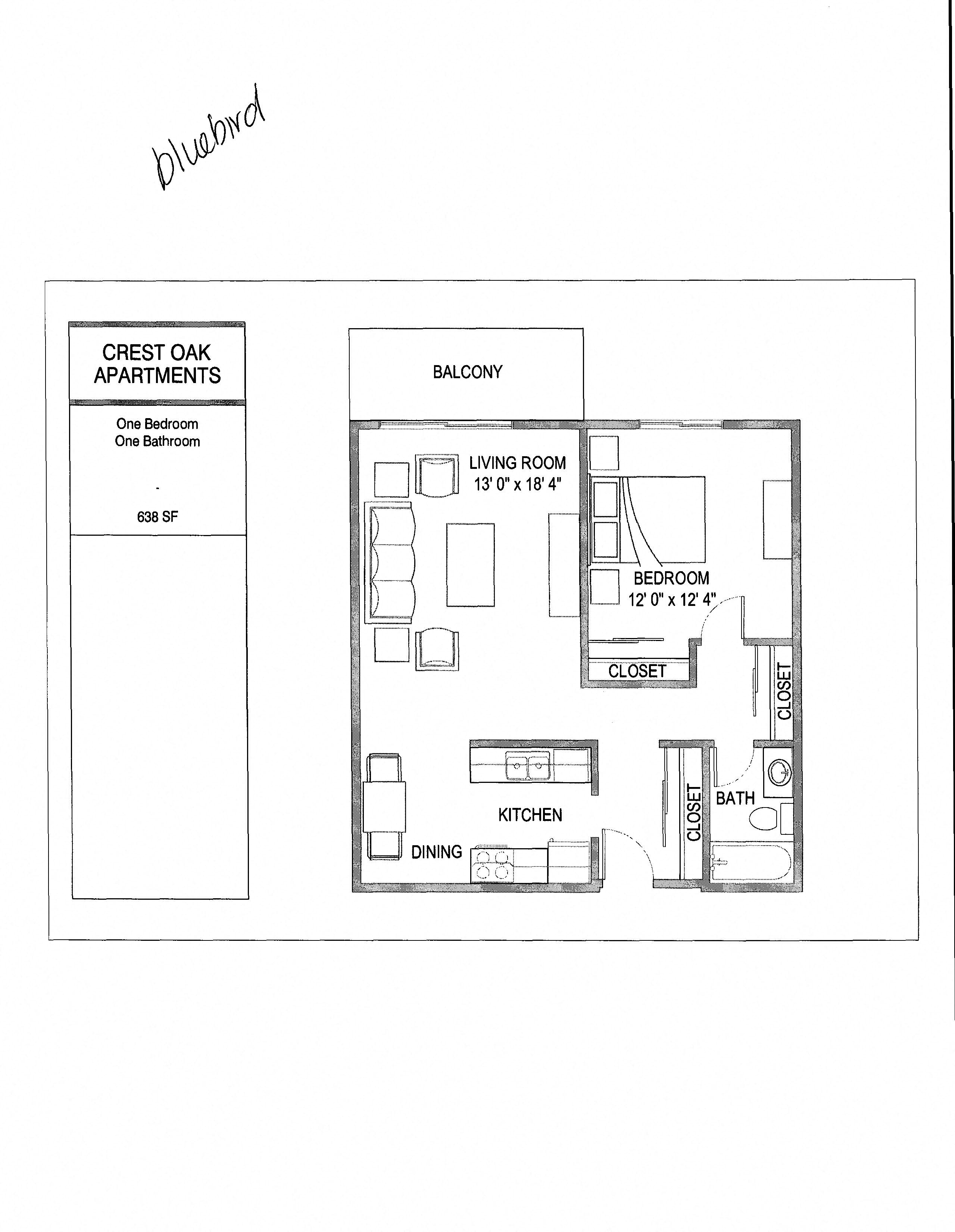 Floor plan for 1 bed, 1 bath, 700 sqft