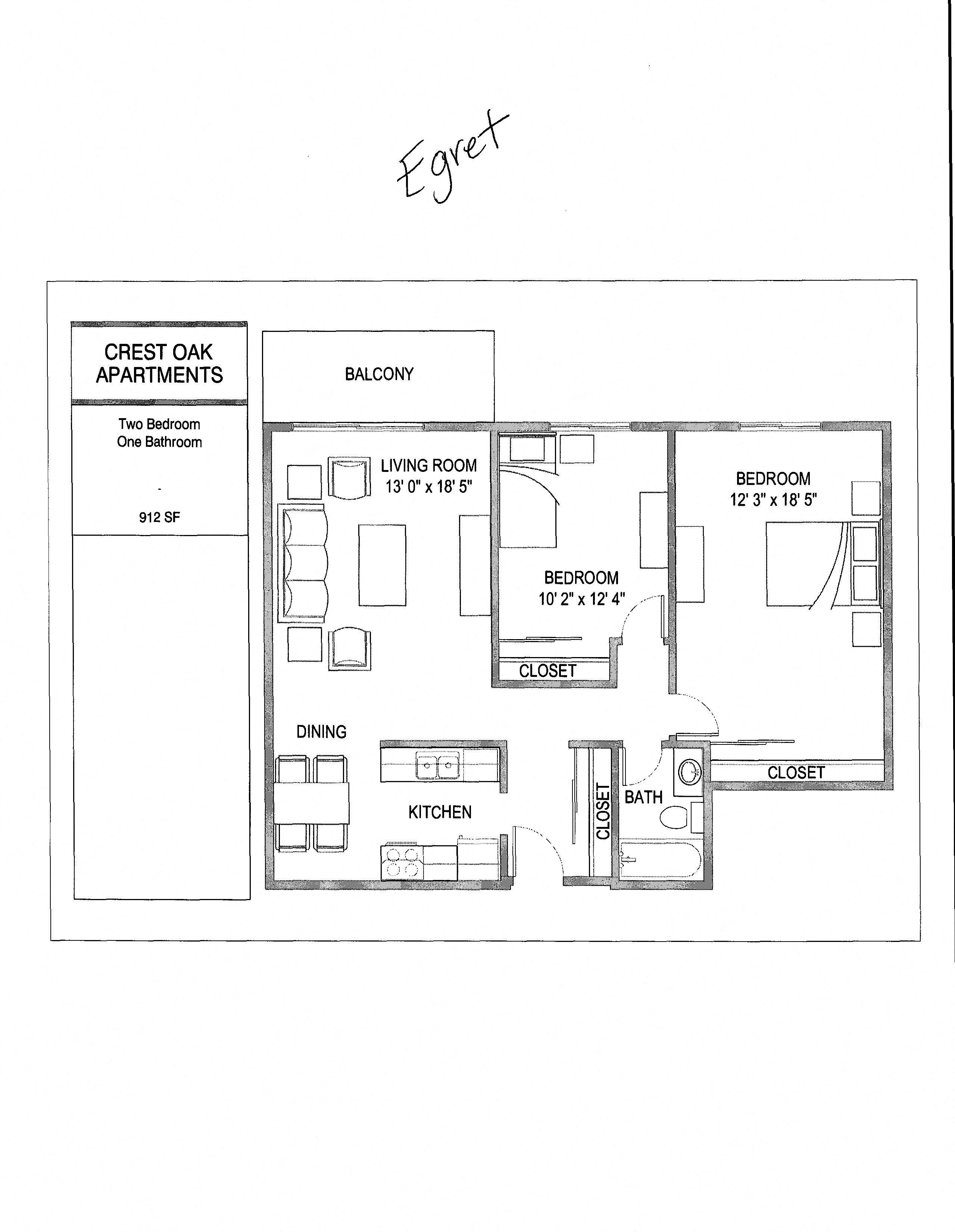 Floor plan for 2 beds, 1 bath, 850 sqft