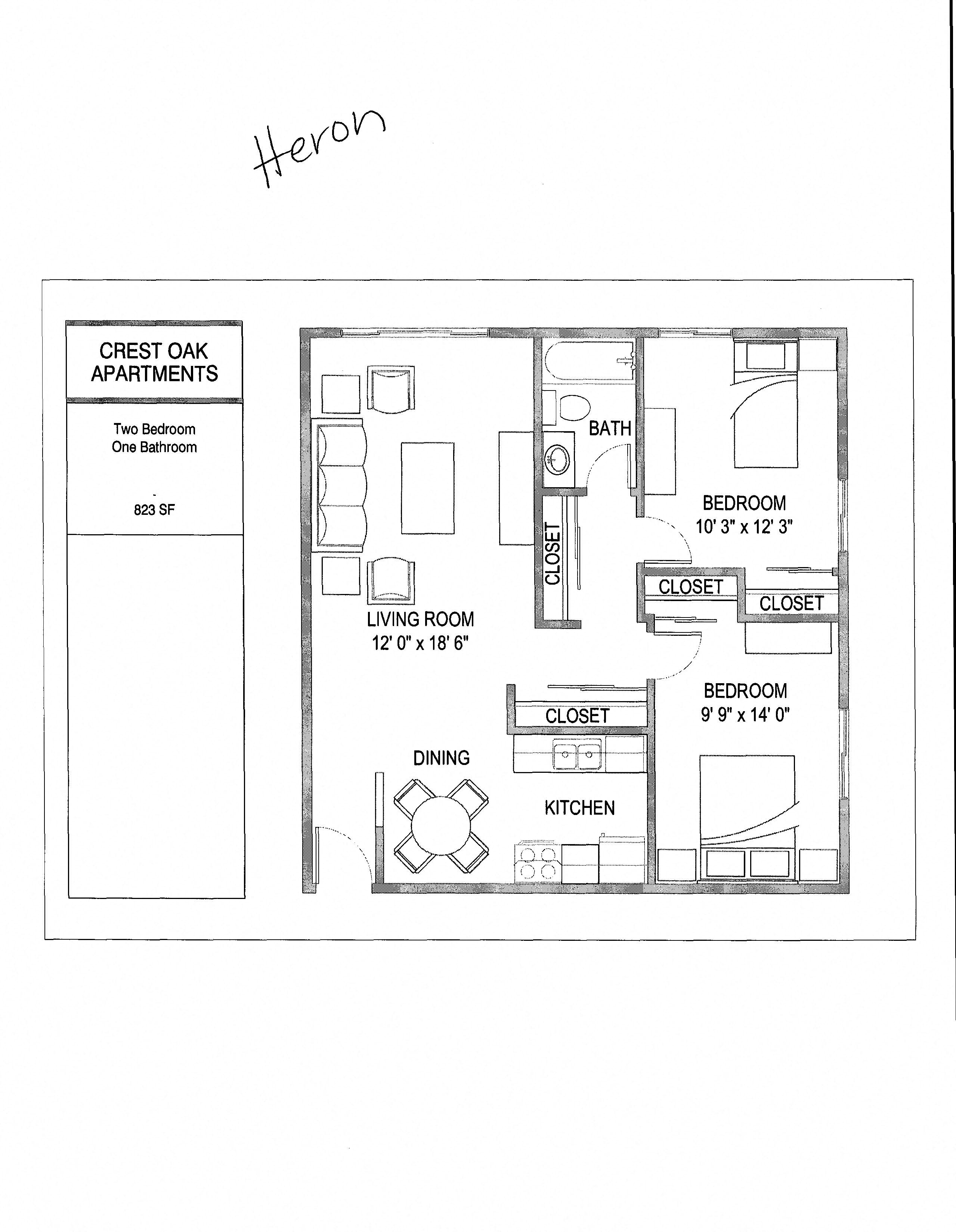 Floor plan for 2 beds, 1 bath, 850 sqft