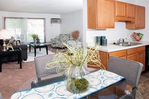 Coon Rapids apartment for rent - a dining room table with a vase of flowers on top of it